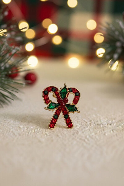 Jaida Moda Kadın Kırmızı ve Yeşil Taşlı Şeker Çubuğu Broş – Işıltılı Yılbaşı Aksesuarı