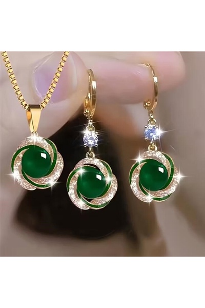 SEVAS GOLD Gold Color Women's Green Stone, Green Enamel Necklace and Earring Set