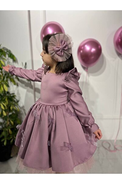 Sare Çocuk Giyim Deluxe Collection Κοριτσίστικο Φόρεμα Πάρτι με Μακρύ Μανίκι Ειδικού Σχεδιασμού με Λιλά Σατέν Μωβ Φιόγκο