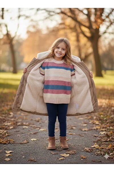 gnygiyim Girl's Puffer Coat Fur Ice Blue Removable Hooded Zippers