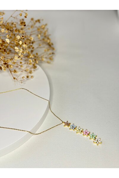 New Meluna Çelik Renkli Çiçekli Kolye (52+5 cm)