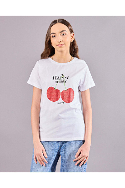 REDTAG Senior Girls White Cherry Print T-Shirt