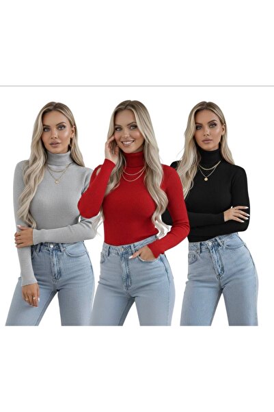 hashtag High-Necked Long Sleeve Women's Bodysuit Sweater Set of 3 - Red Main Colors