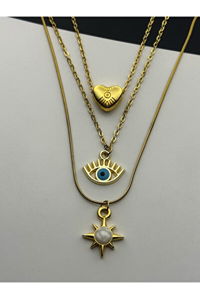roshel 3'lü Çelik Kolye Seti Kalp-Nazar-Güneş Altın Renk