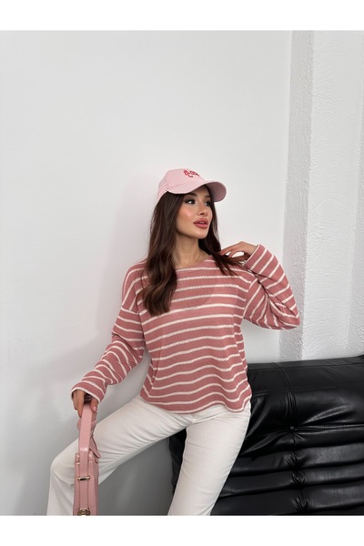 Hatun Atila Women's Crew Neck Striped Oversized Knitwear Sweater 8955 - Pink