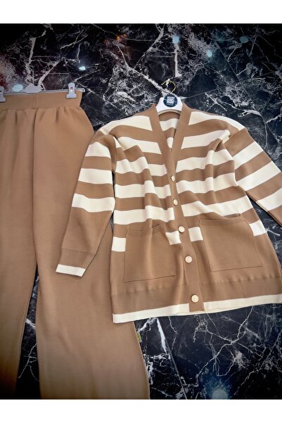 MY QILAM Women's Hijab Top and Bottom Set Striped V-Neck Gold Button Detailed Cardigan Pants Knitwear Set Beige