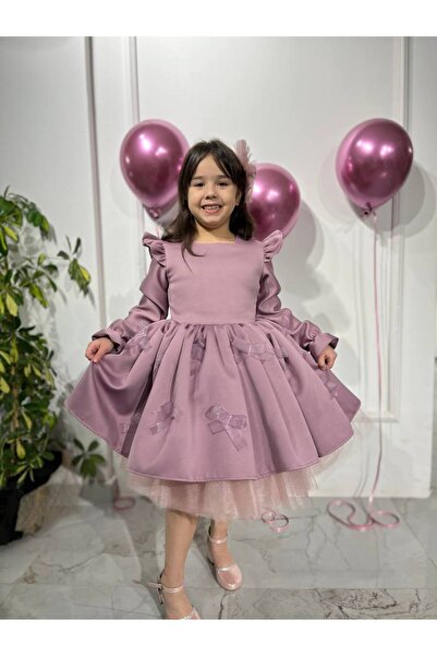 Sare Çocuk Giyim Deluxe Collection Κοριτσίστικο Φόρεμα Πάρτι με Μακρύ Μανίκι Ειδικού Σχεδιασμού με Λιλά Σατέν Μωβ Φιόγκο