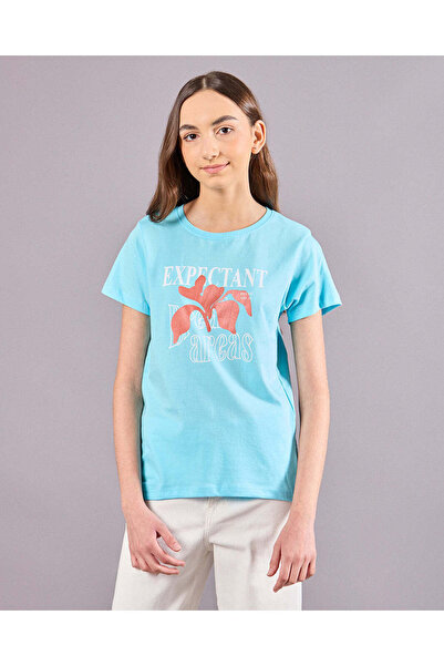 REDTAG Senior Girls Blue Floral Print T-Shirt
