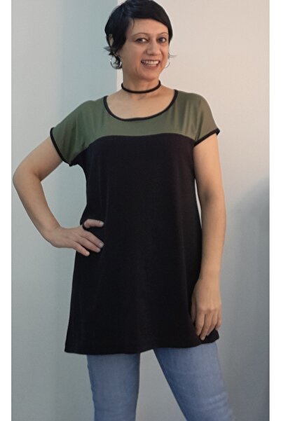 Mertcan Butik Black Green Size Color Block Whole Coming Low Arm Combed Viscose T-Shirt