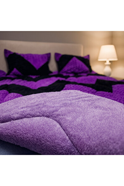 OEM Purple-Black Velvet Reversible Duvet Cover with 2 Pillowcases, Zig-Zag Pattern, Ultra-Fluffy