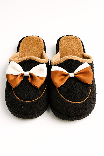 Ekonomik Ayakkabı Women's Black Plush House Slippers with Brown Bow Detail – ...
