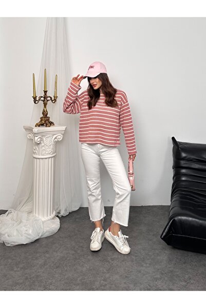 Hatun Atila Women's Crew Neck Striped Oversized Knitwear Sweater 8955 - Pink