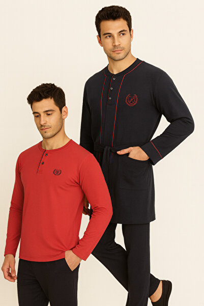 ROZELT Men's Navy Blue 100% Cotton 3 Piece Robdöşambr Boxed Pajama Set