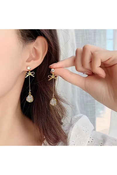 SEVAS GOLD أقراط نسائية ذهبية اللون على شكل فيونكة من حجر الكوارتز الملون