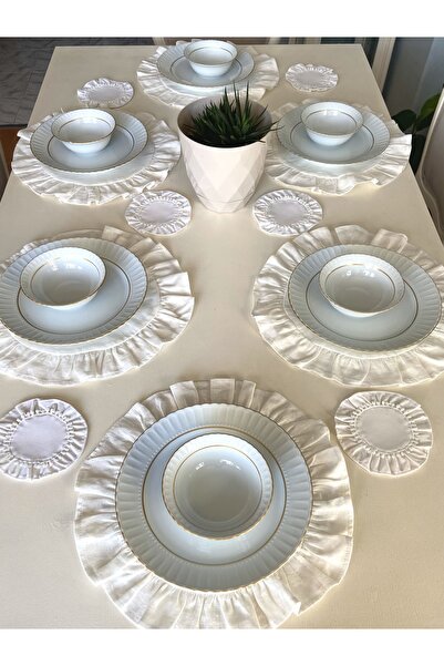 Gizem Daisy Home %100 KETEN 6'LI SUPLA VE 6'LI BARDAK ALTLIĞI TAKIMI