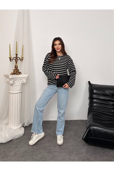 Hatun Atila Women's Crew Neck Striped Oversized Knitwear Sweater 8955 - Black