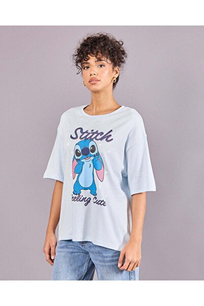 REDTAG Women Blue Stitch Printed Oversized T-Shirt
