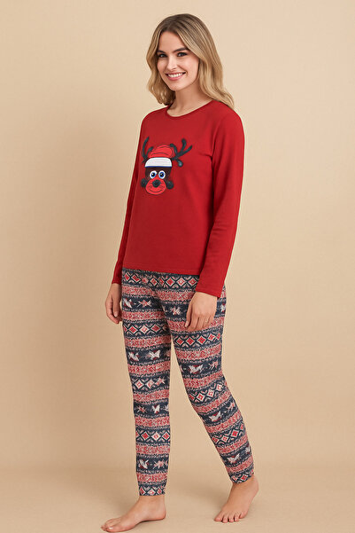 Glazy Women's Winter Combed Cotton Pajama Set – Christmas Pattern Long Sleeve Top + Patterned Bottoms – Soft Fabric