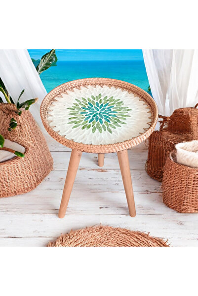 Toprak Design Tekli (Tabla çapı: 30cm) Rattan Mozaik Kaplamalı zigon Sehpa, Bohem rattan Yan sehpa