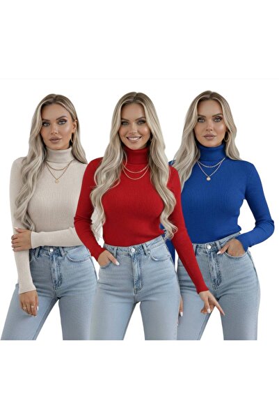 hashtag High-Necked Long Sleeve Women's Bodysuit Sweater Set of 3 - Red Main Colors