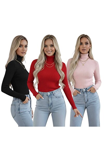 hashtag High-Necked Long Sleeve Women's Bodysuit Sweater Set of 3 - Red Main Colors