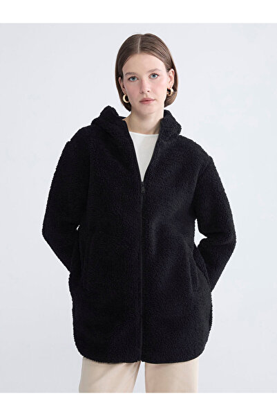LC Waikiki Black Hooded Women's Fleece Cardigan