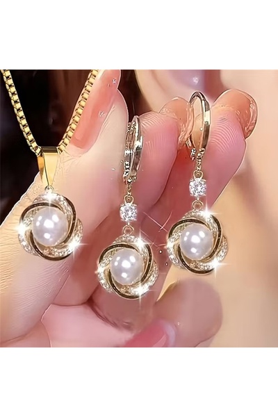 SEVAS GOLD Gold Color Women's Pearl Necklace and Black Enamel Earrings Set