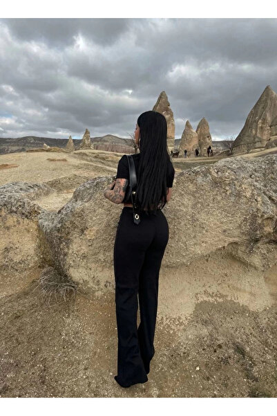 ZENGEZUR MALL Sptrns Wide Leg Pants Top and Bottom Set Black (231108) (Size: m)