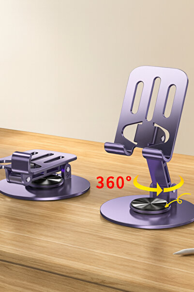 Ecuy حامل هاتف لوحي قابل للطي لسطح المكتب معدني 360 °   حامل معدني قابل للدوران مع قاعدة من السيليكون