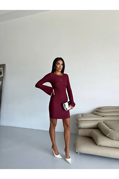 ZENGEZUR MALL Sptrns Princess Sleeve Stretch Fabric Dress Burgundy F2334 (225733) (Size: S)