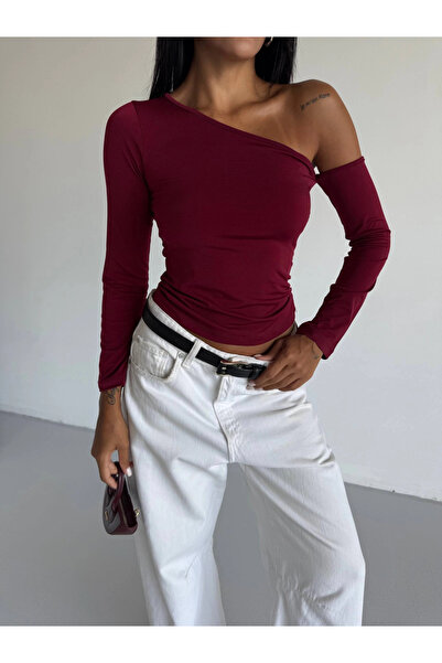 ZENGEZUR MALL Sptrns Shoulder Detailed Sleeved Blouse Burgundy F2336 (233030) (Size: S)