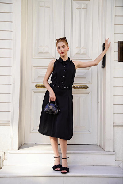 ZENGEZUR MALL Sptrns Shirt Collar Belted Dress Black S255061 (225816) (Size: S)