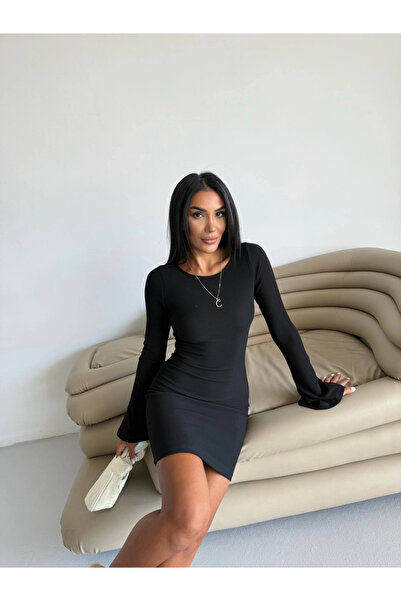 ZENGEZUR MALL Sptrns Princess Sleeve Stretch Fabric Dress Black F2334 (225735) (Size: m)