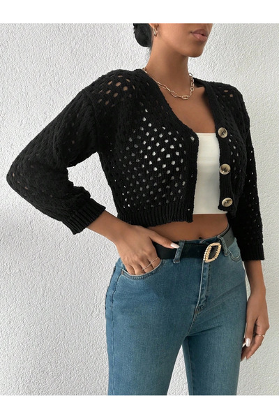 ZENGEZUR MALL Sptrns Large Button Hollow Out Cardigan Black (225716) (Size: Standard)