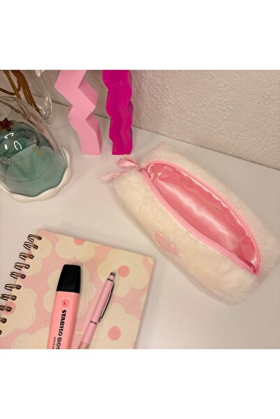 PİNKUE حقيبة مكياج/حامل أقلام على شكل قلب من القطيفة - بسحاب وردي وبطانة من ا...