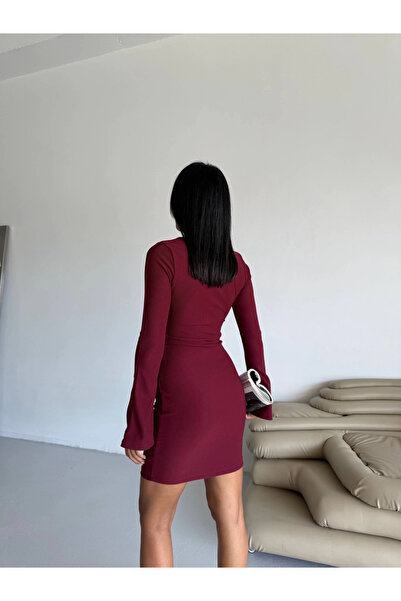 ZENGEZUR MALL Sptrns Princess Sleeve Stretch Fabric Dress Burgundy F2334 (225733) (Size: S)