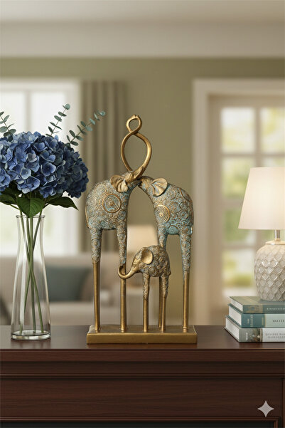 Dekoromi Heykel Biblo Dekoratif Fil Ailesi Obje - Ev Dekorasyon Ürünü (35x18cm)