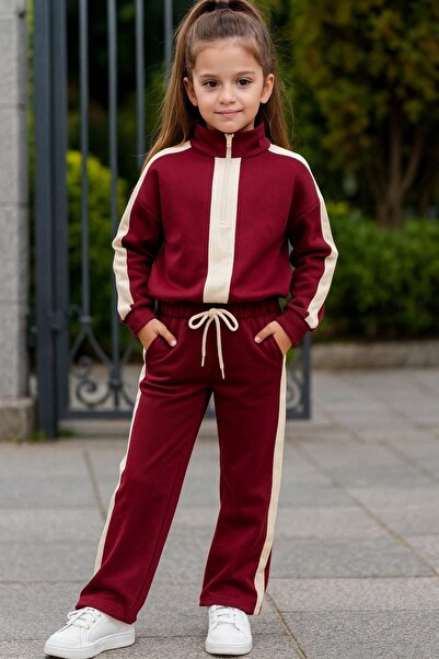 YUMİYUMM 3-10 Years Old Girl's Burgundy-White Striped Tracksuit Set