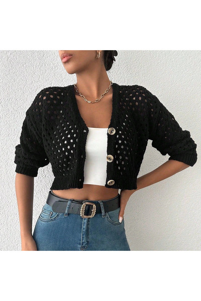 ZENGEZUR MALL Sptrns Large Button Hollow Out Cardigan Black (225716) (Size: Standard)