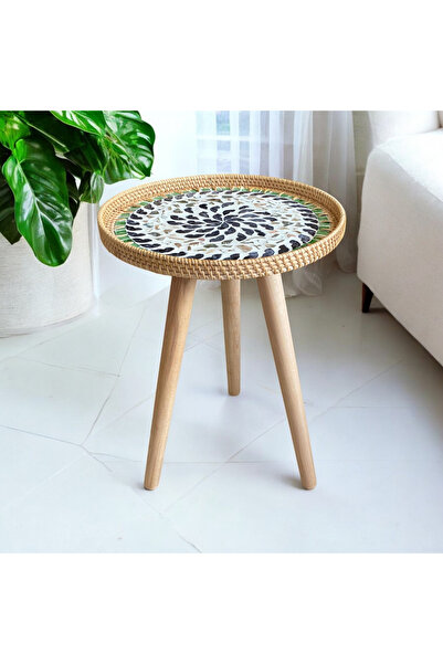 Toprak Design Tekli (Tabla çapı:30cm) Mozaik Kaplamalı Rattan Zigon Sehpa, bohem tasarım yan sehpa