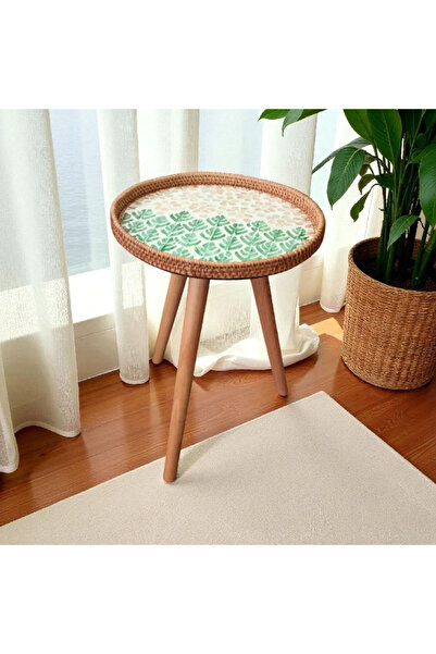 Toprak Design Tekli (35 cm tabla çapı) Mozaik Kaplamalı Rattan Zigon sehpa, Bohem tasarım yan sehpa