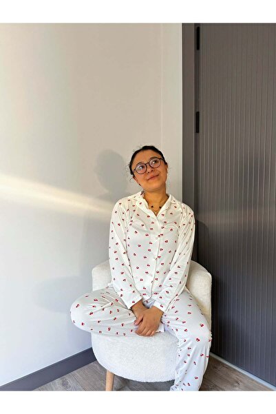 Marka Cherry Cotton Front Buttoned Pajama Set