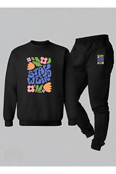 LORVEX Детска суитшърт - Комплект спортен екип с велосипедна яка STAY WEİRD С...