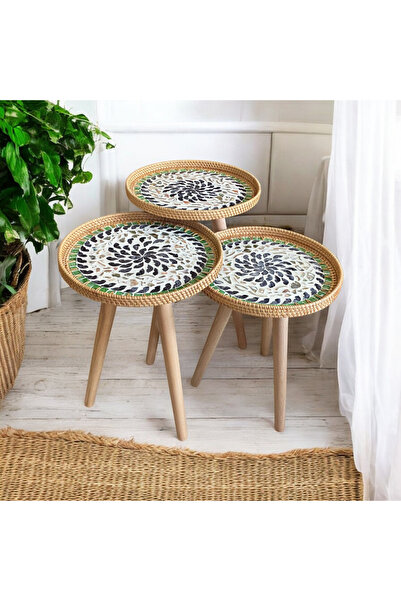 Toprak Design Üçlü (30 cm tabla çapı) Mozaik Kaplamalı Rattan Zigon Sehpa. Bo...