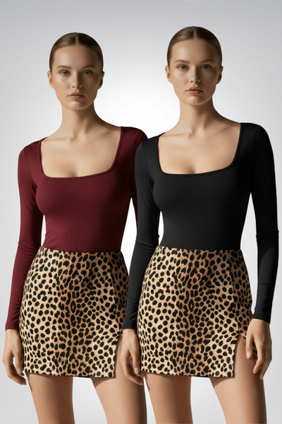 Thestiluxe Square Neck Stretch Fabric Long Sleeve Diver Fabric Basic Black White 2-Piece Bodysuit