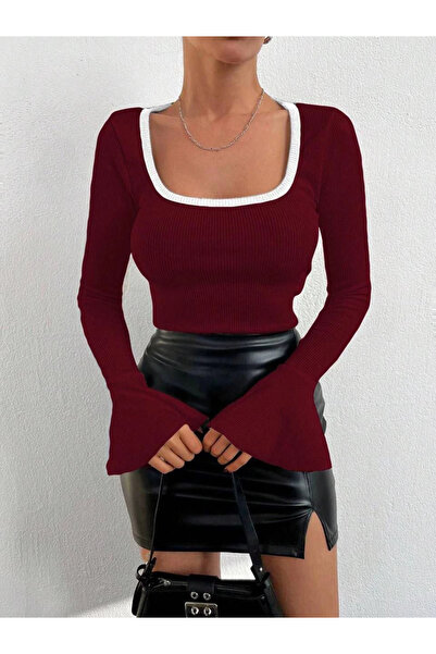 ZENGEZUR MALL Sptrns Square Neckline Garni Detail Spanish Sleeve Blouse Burgundy A3105 (231809) (Size: S)