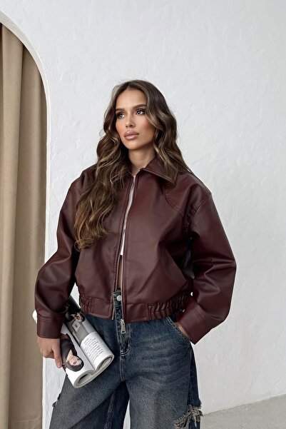 BELİZMOD Vr Women's Bomber Leather Jacket with Elastic Waist