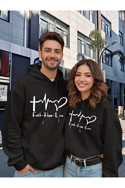 NEVERMIND Hanorac Faith Hope Love cu imprimeu – Set de cu glugă seturi de combinație pentru cupluri unisex tricou