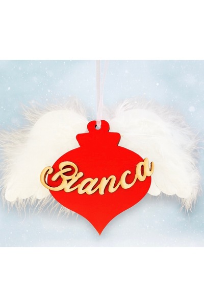 OEM "Bianca" Christmas Globe – Personalized Red Wood Ornament with Angel Wings