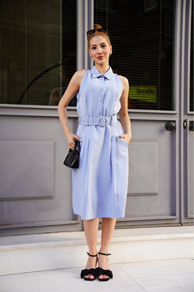 ZENGEZUR MALL Sptrns Shirt Collar Belted Dress Blue S255061 (225825) (Size: S)